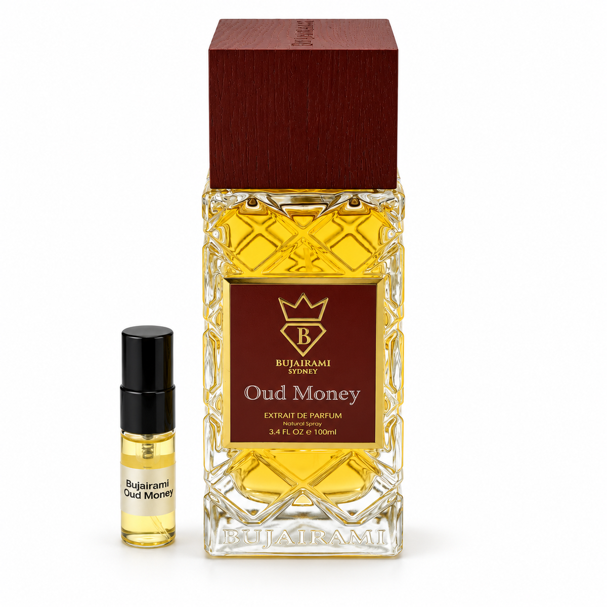 Bujairami Oud Money bottle and sample vial on a white background