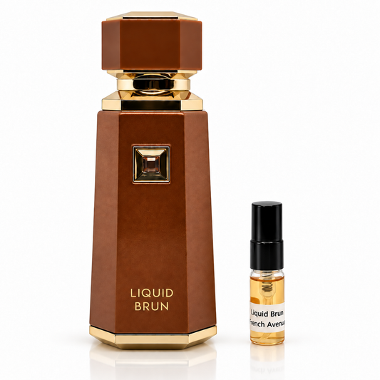 French Avenue Liquid Brun bottle with a black-capped sample vial on a white background