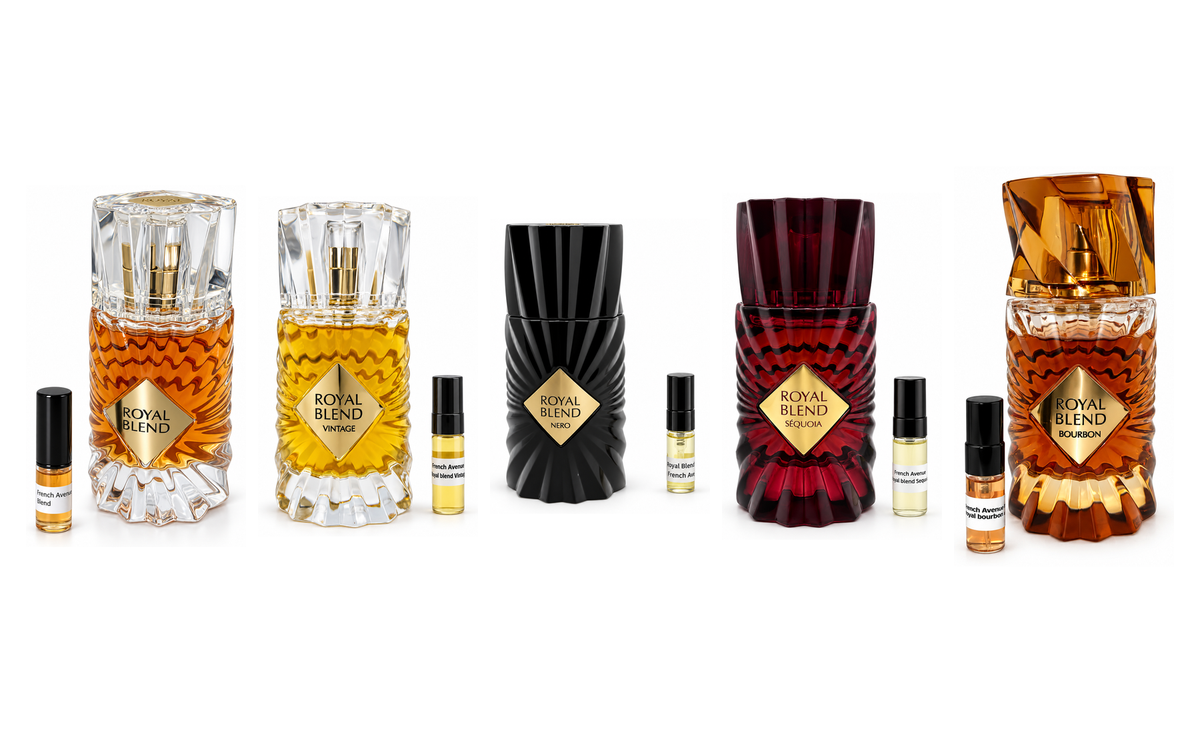 All five French Avenue Royal Blend fragrances with their matching 3ml sample vials on a clean white background.