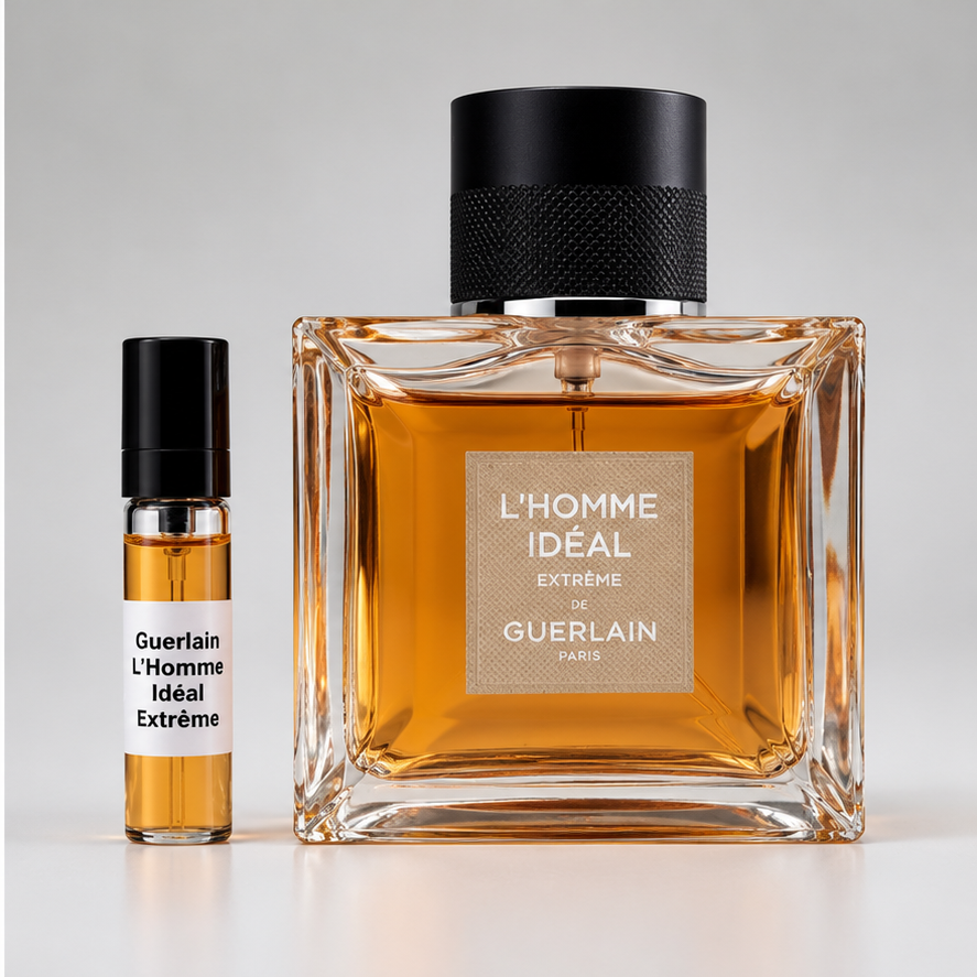 Guerlain L'Homme Idéal Extrême full bottle and 3ml sample vial