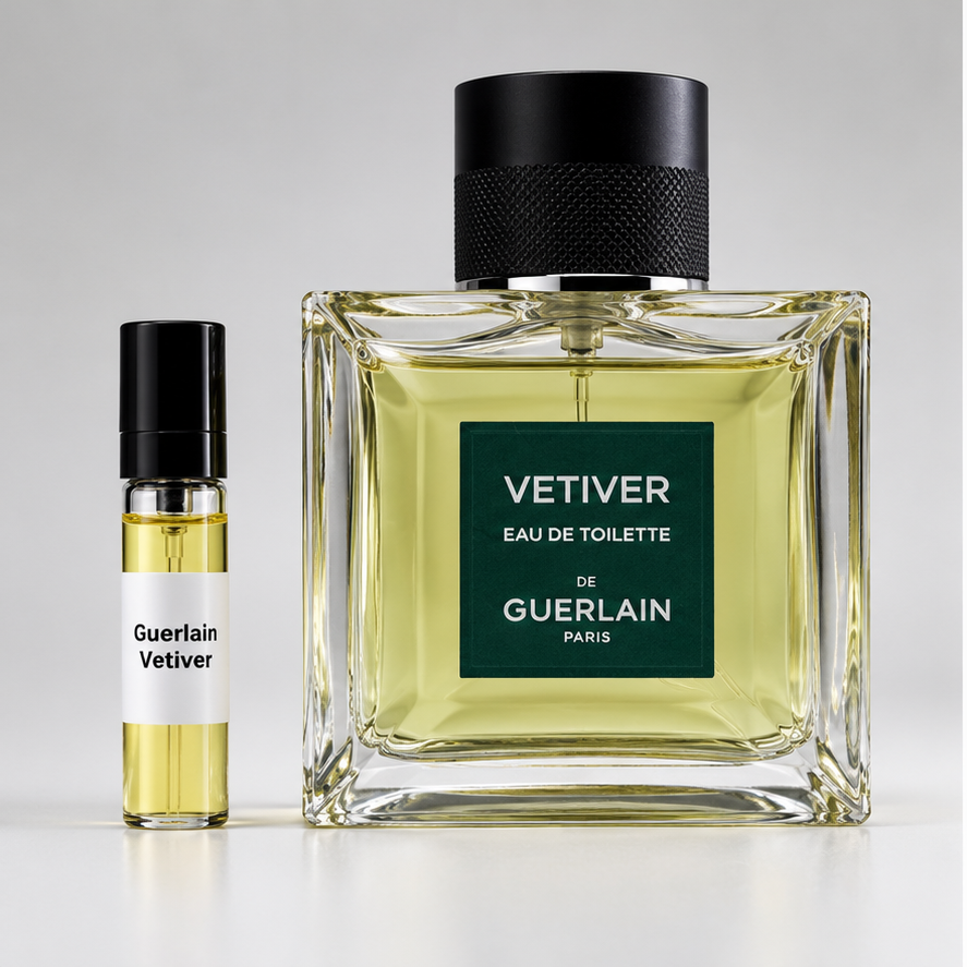Guerlain Vetiver Eau de Toilette full bottle and 3ml sample vial