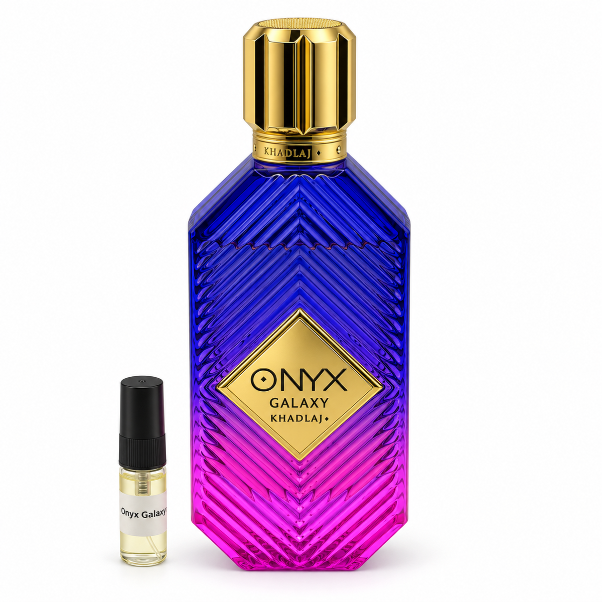 Khadlaj Onyx Galaxy bottle and sample vial on a white background