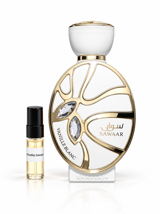 Khadlaj Sawaar with black-capped 3ml sample bottle on white studio background