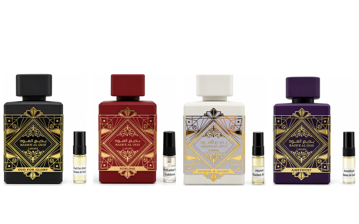 Lattafa Oud for Glory, Sublime, Honor and Glory, and Amethyst with matching 3ml sample vials on a clean white background.