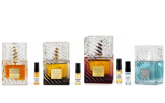 Lattafa Khamrah, Khamrah Qahwa, Khamrah Dukhan, and Khamrah Waha with matching 3ml sample vials on a clean white background.
