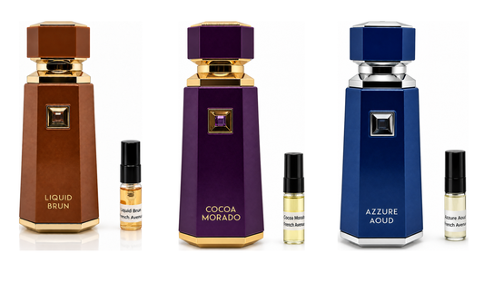 French Avenue Liquid Brun, Cocoa Morado, and Azzure Aoud with matching 3ml sample vials on a clean white background.