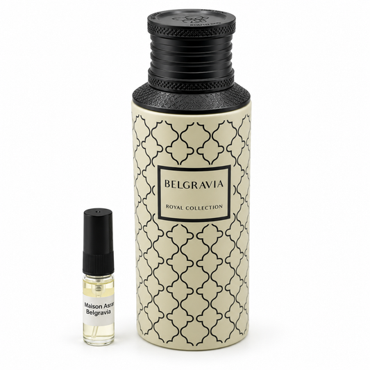 Maison Asrar Belgravia bottle and sample vial on a white background