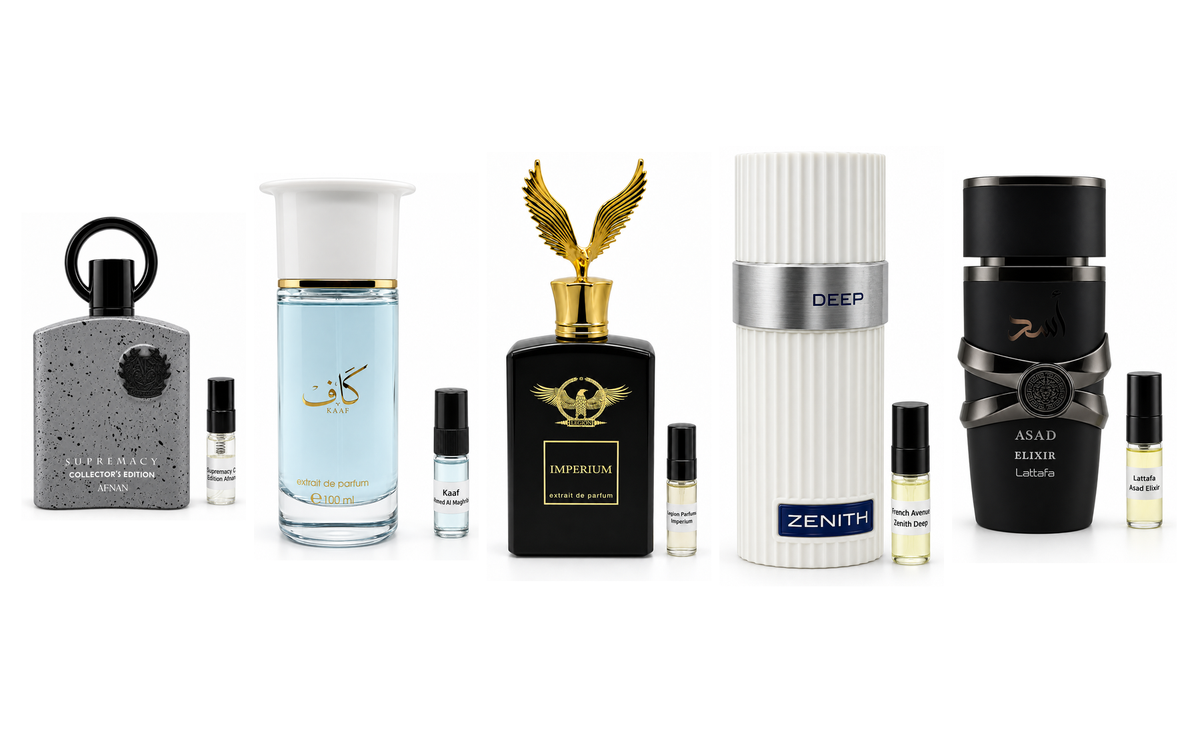 Five fragrances for a masculine daily bundle and their matching 3ml sample vials on a clean white background.