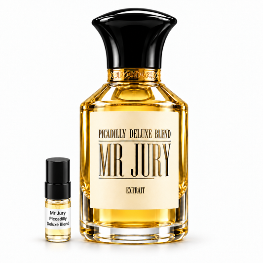 Mr Jury Piccadilly Deluxe Blend with compact 2ml sample vial on white background