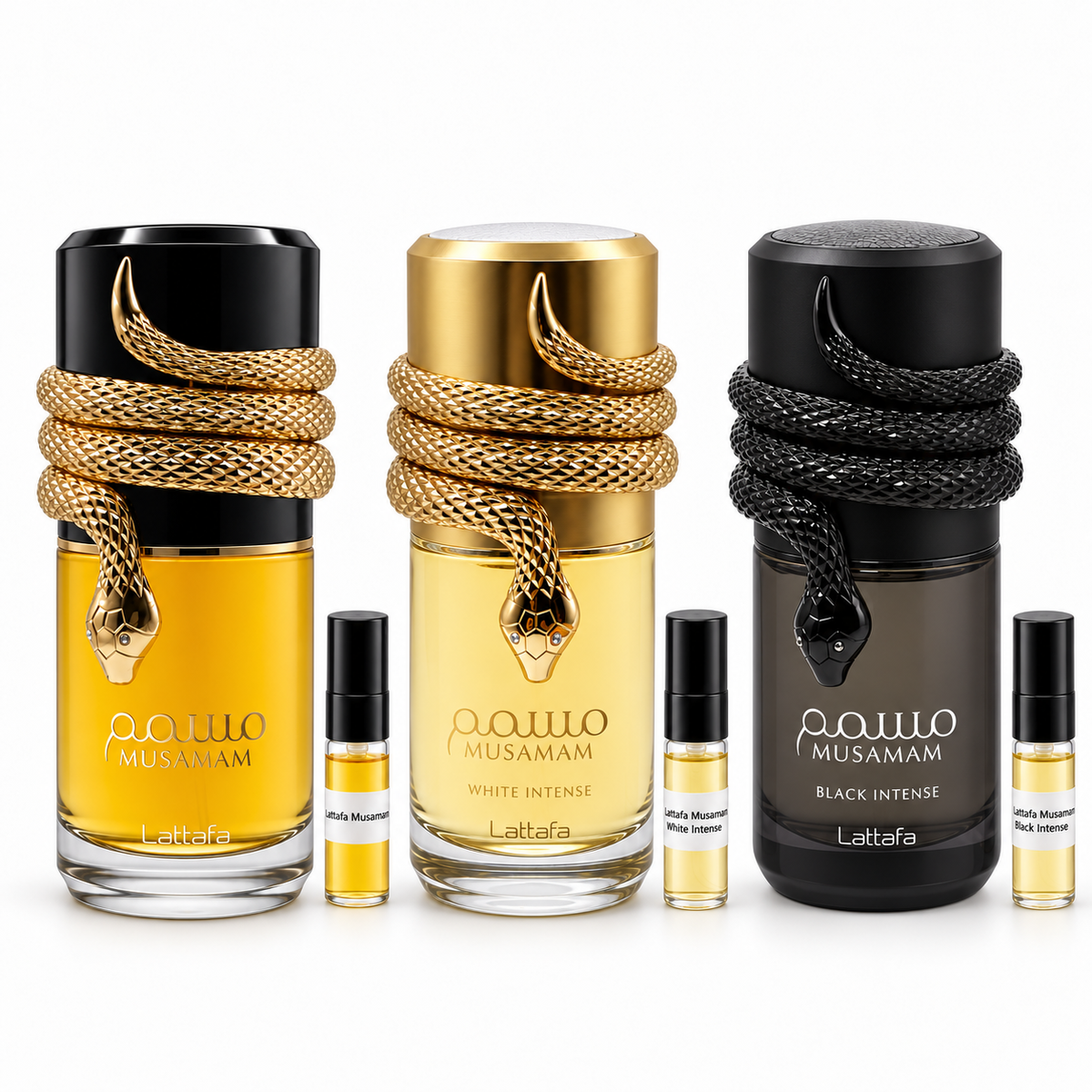 Musamam, White Intense and Black Intense bottles, each with a 3ml sample vial to its right. Discovery set contains three 3ml samples.
