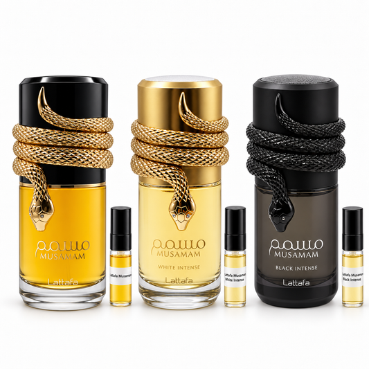 Musamam, White Intense and Black Intense bottles, each with a 3ml sample vial to its right. Discovery set contains three 3ml samples.