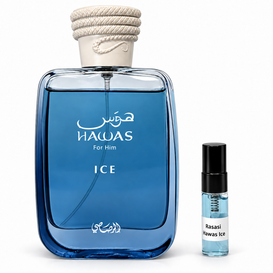 Rasasi Hawas Ice bottle with a black-capped sample vial on a white background