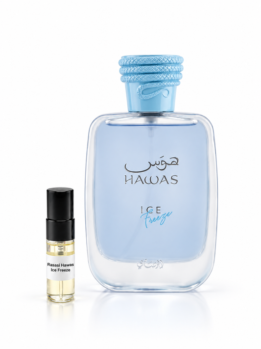 Rasasi Hawas Ice Freeze with black-capped 3ml sample bottle on white studio background