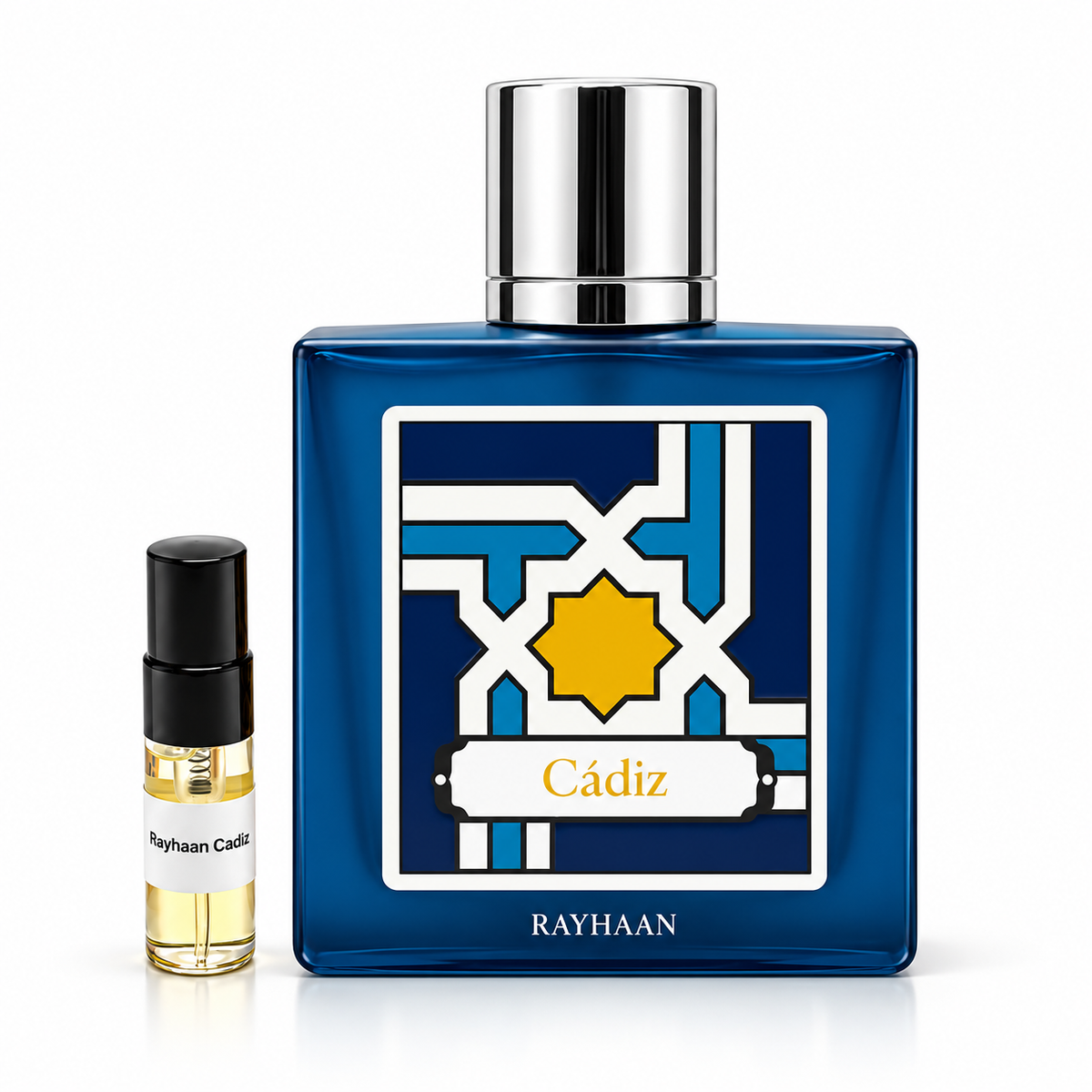 Rayhaan Cadiz with black-capped 3ml sample vial on white background