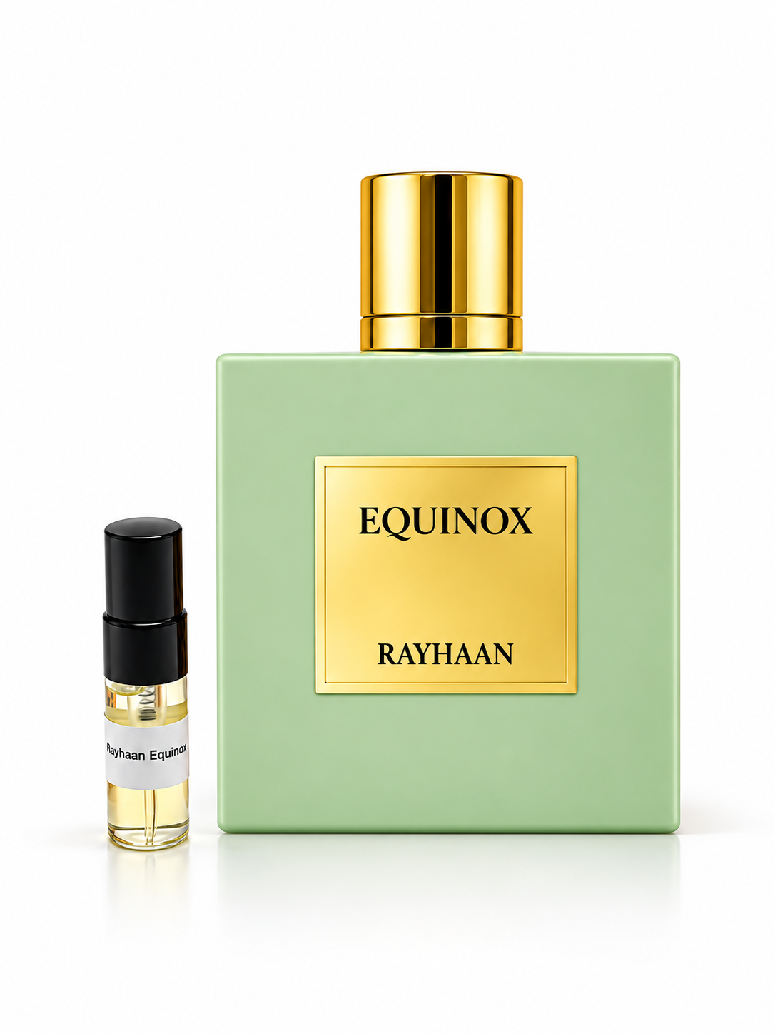 Rayhaan Equinox with black-capped 3ml sample bottle on a white studio background
