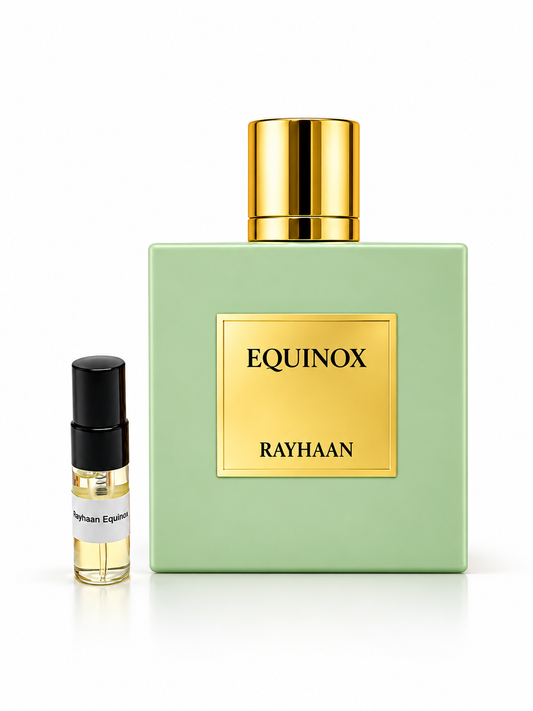 Rayhaan Equinox with black-capped 3ml sample bottle on a white studio background