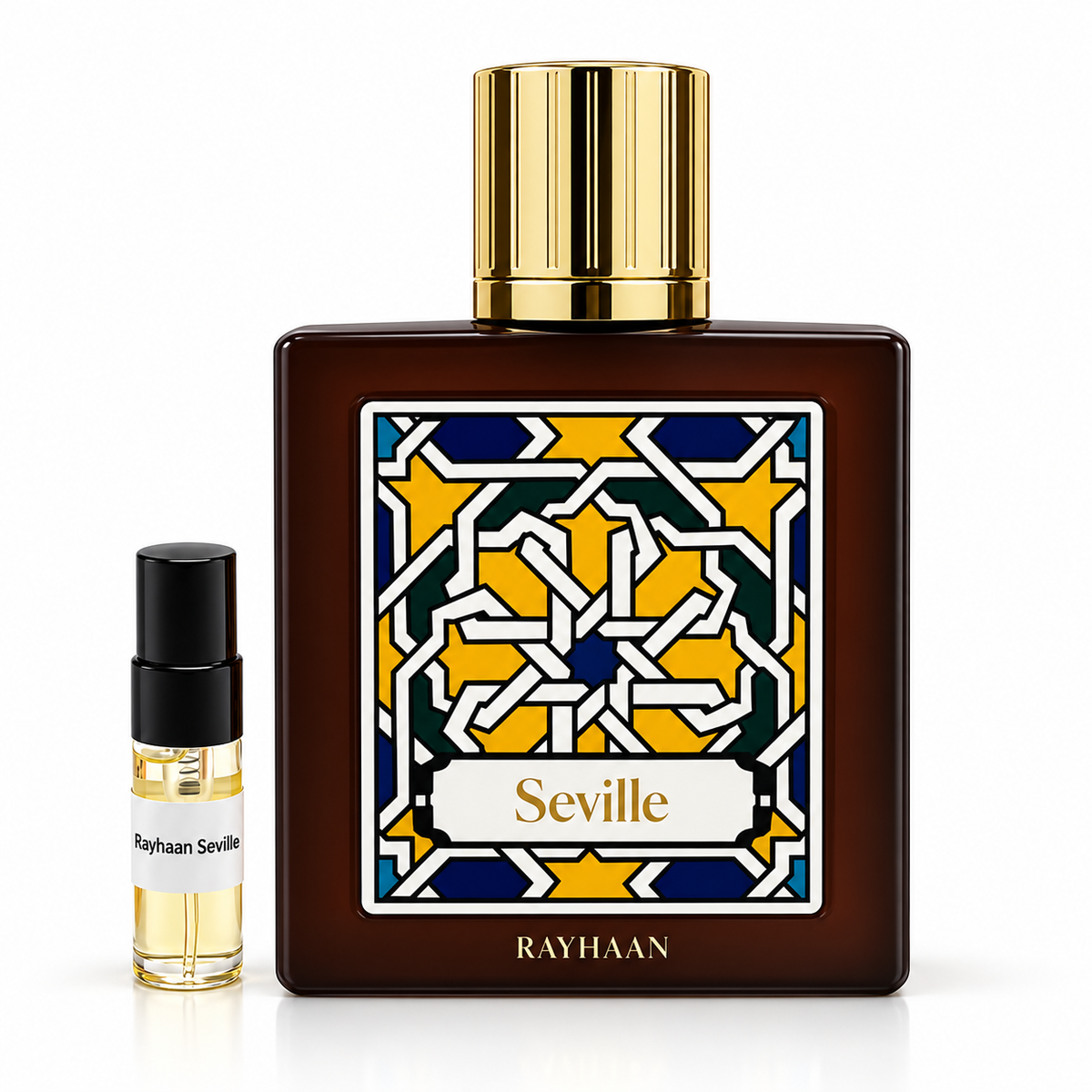 Rayhaan Seville with black-capped 3ml sample vial on white background