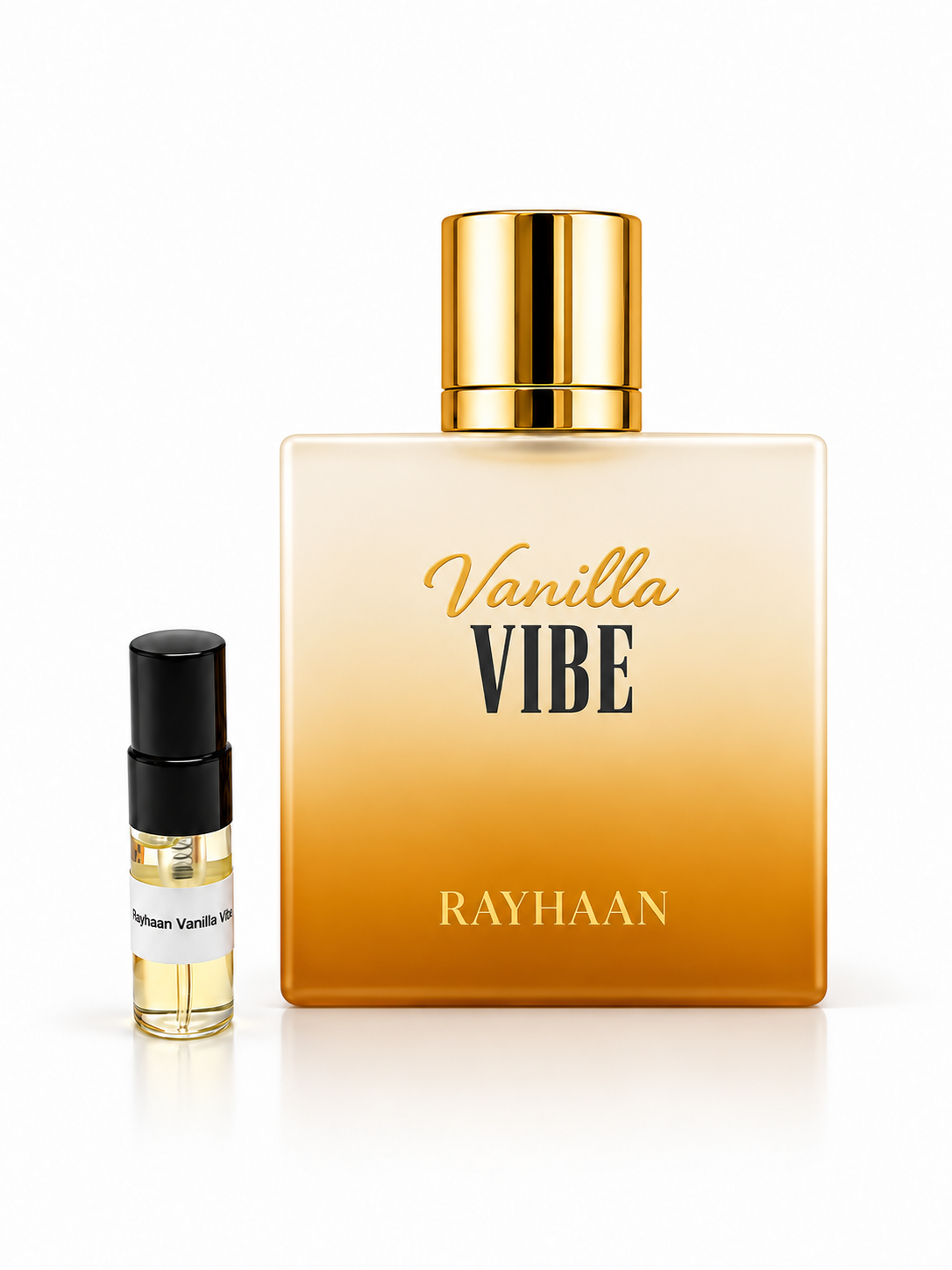 Rayhaan Vanilla Vibe with black-capped 3ml sample bottle on a white studio background