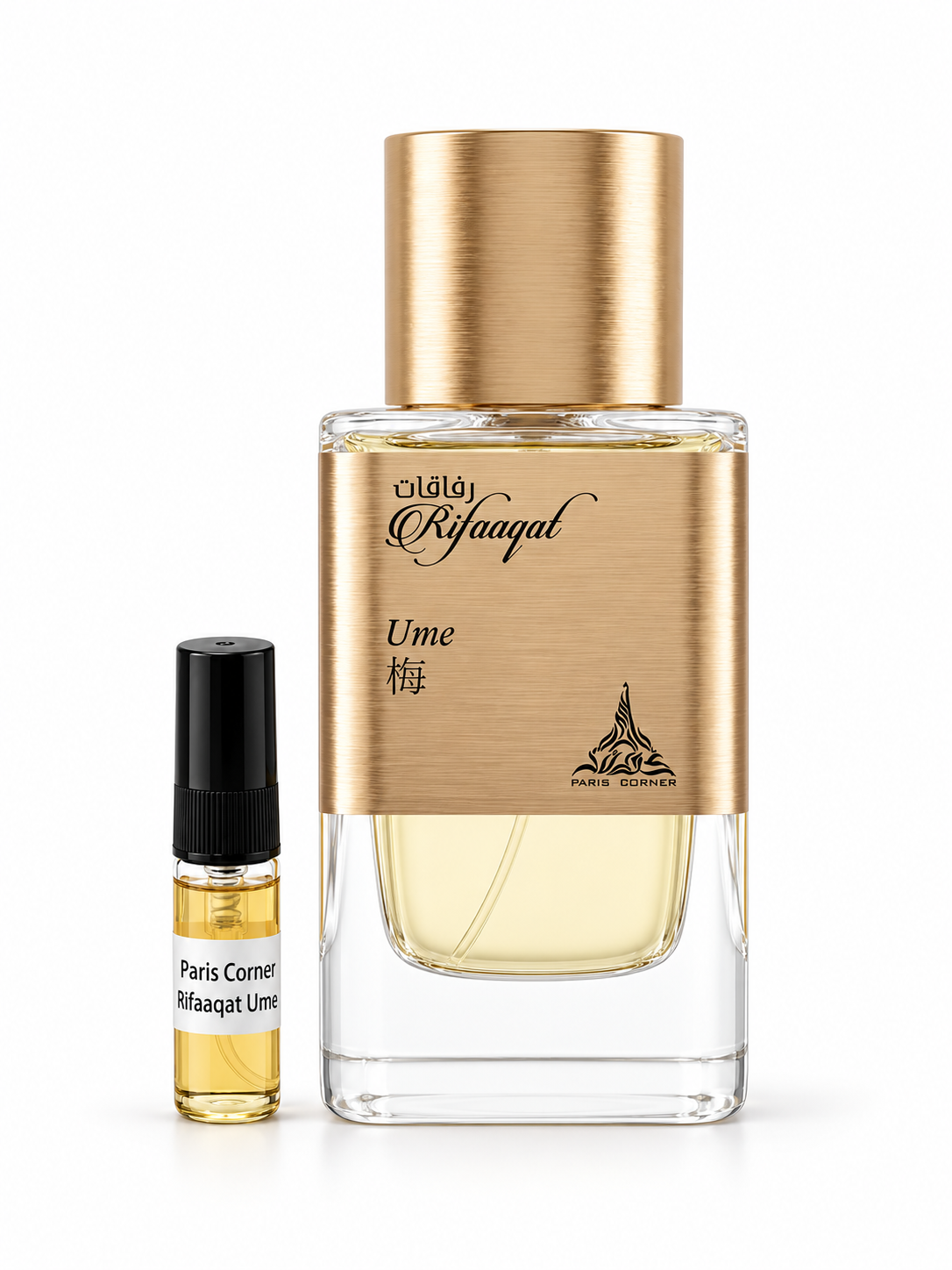 Paris Corner Rifaaqat Ume with matching black-capped 3ml sample vial on white background
