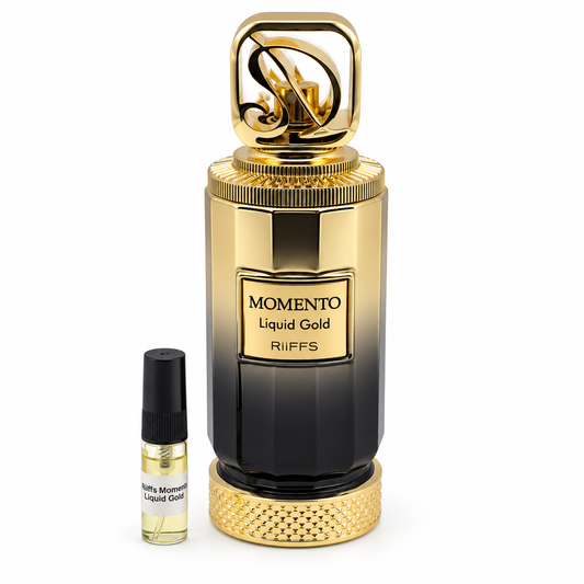 Riiffs Momento Liquid Gold bottle and sample vial on a white background