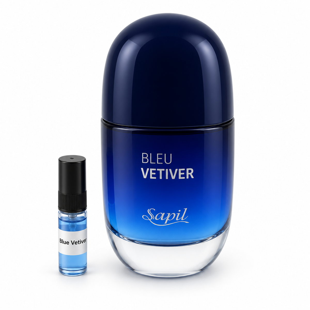 Sapil Bleu Vetiver bottle and sample vial on a white background