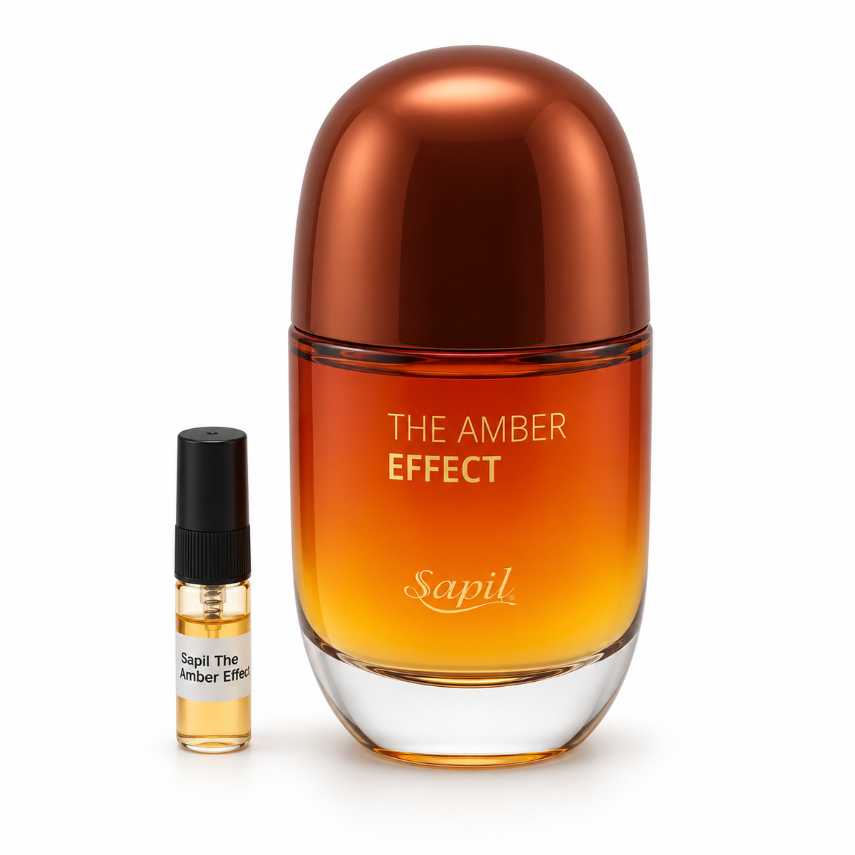 Sapil The Amber Effect bottle and sample vial on a white background
