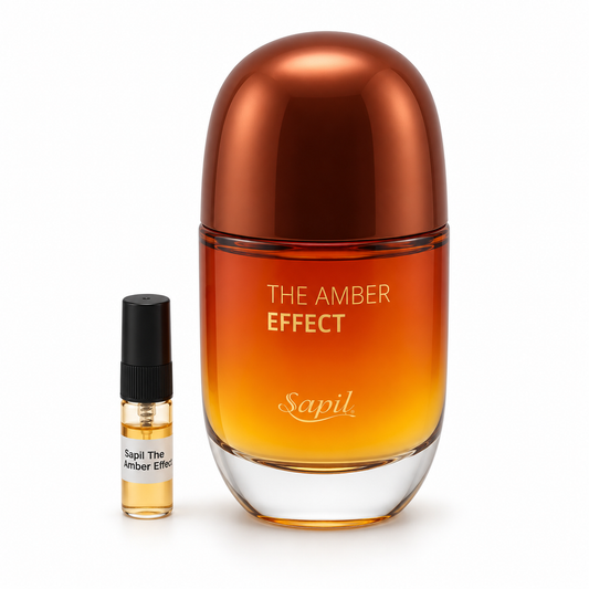 Sapil The Amber Effect bottle and sample vial on a white background