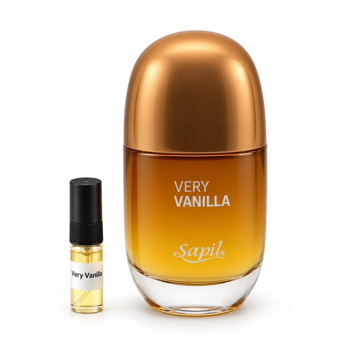 Sapil Very Vanilla bottle and sample vial on a white background