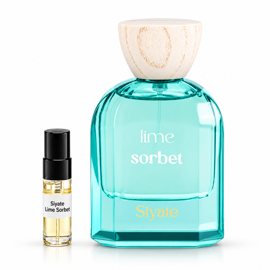 Siyate Lime Sorbet perfume with labelled sample vial on a white background