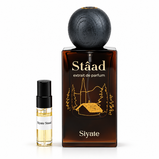 Siyate Staad perfume with labelled sample vial on a white background