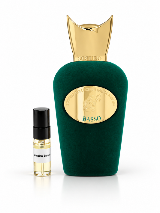 Sospiro Basso with black-capped 2ml sample bottle on white studio background