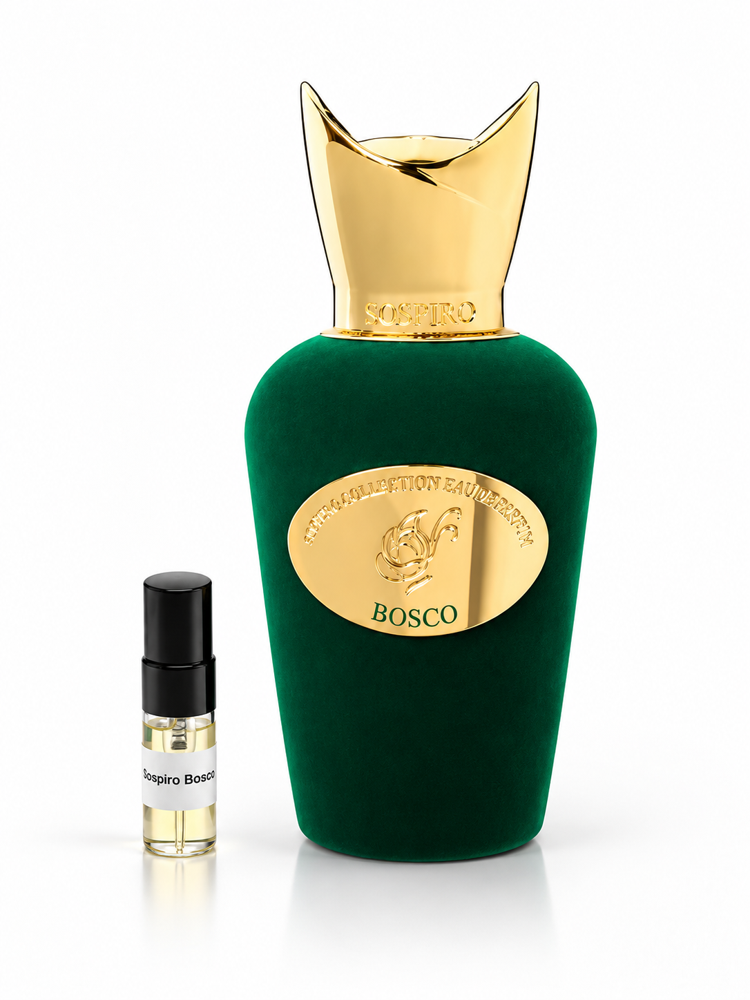 Sospiro Bosco with black-capped 2ml sample bottle on white studio background