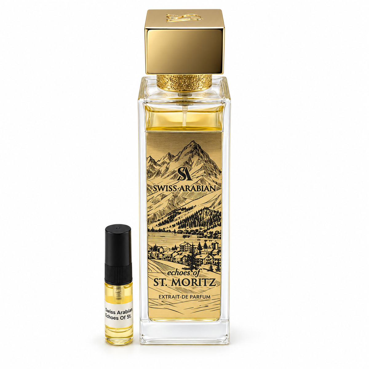 Swiss Arabian Echoes of St. Moritz bottle and sample vial on a white background