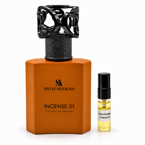 Swiss Arabian Incense 01 bottle with a black-capped sample vial on a white background