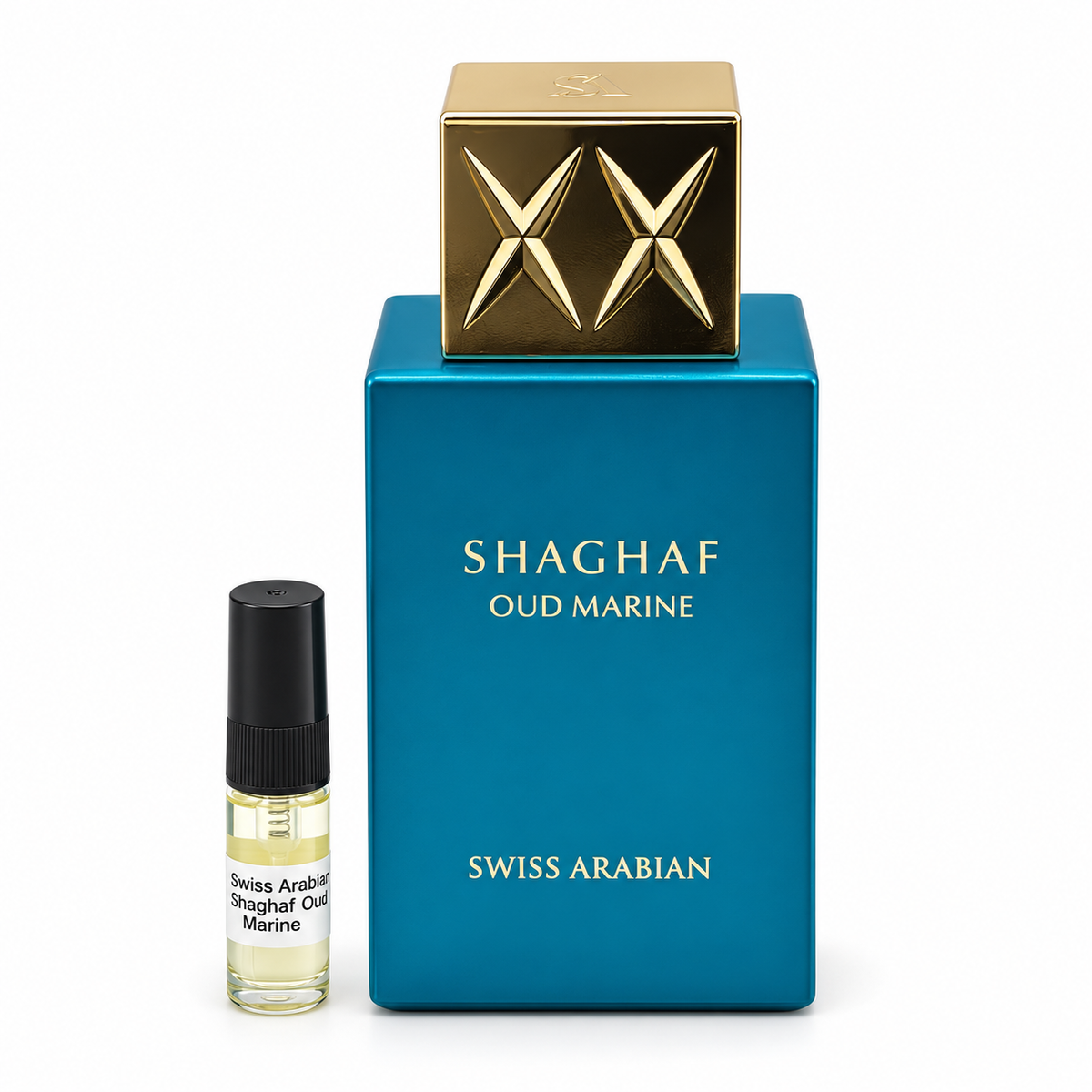 Swiss Arabian Shaghaf Oud Marine bottle and sample vial on a white background