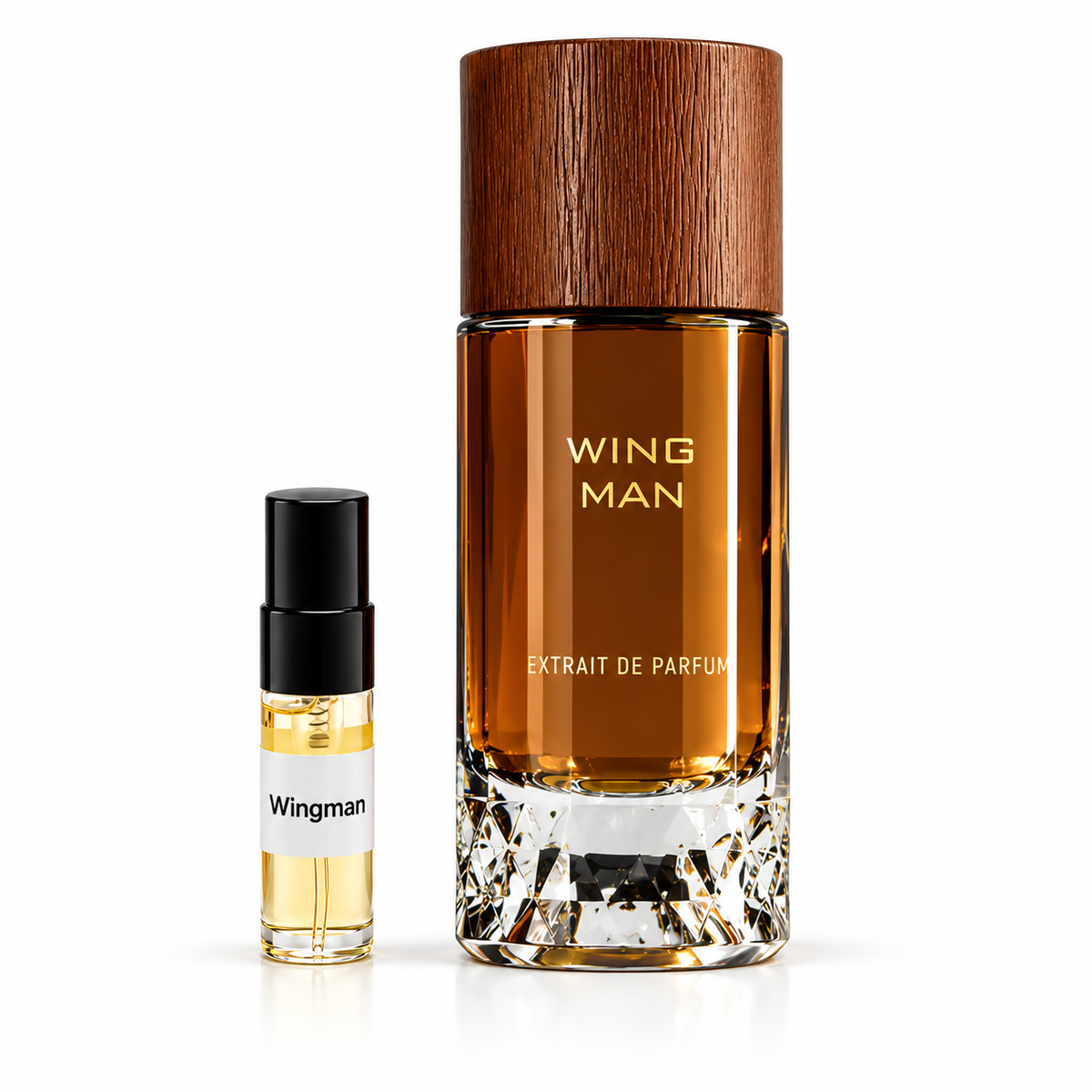 Wingman perfume with labelled sample vial on a white background